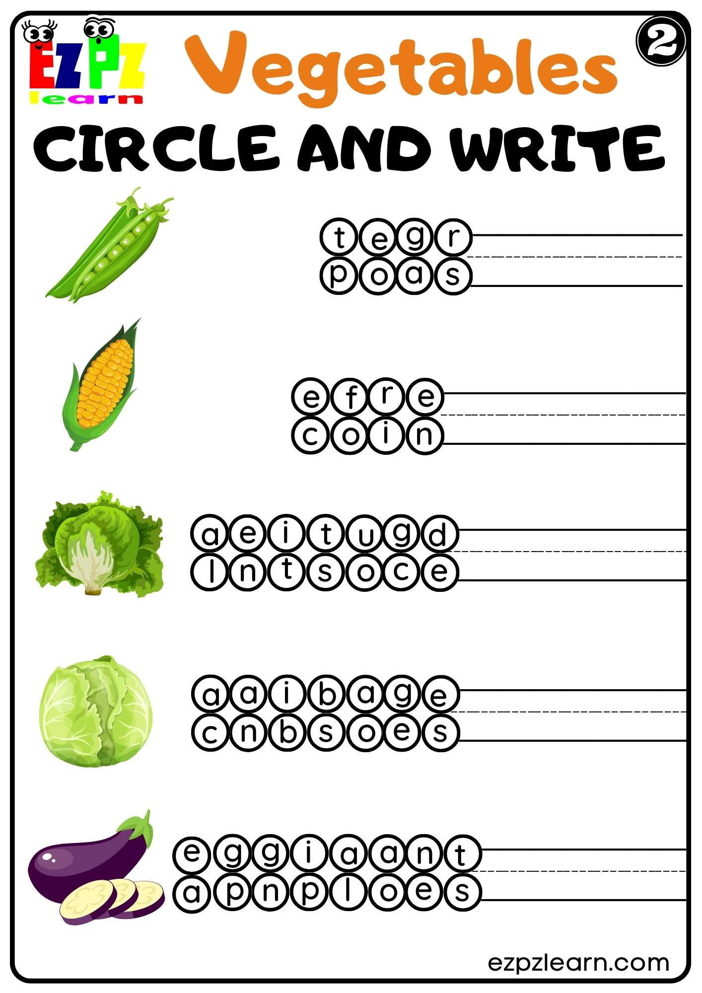 Vegetables Circle and Write Worksheet for Kindergarten K5 and ESL Students Set 2